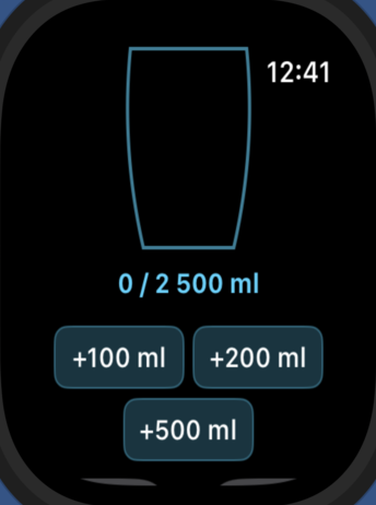 AquaMinder Goals Apple Watch screen for logging water intake with quick-add buttons