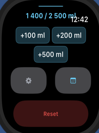 AquaMinder Goals watch settings screen with history and reset options