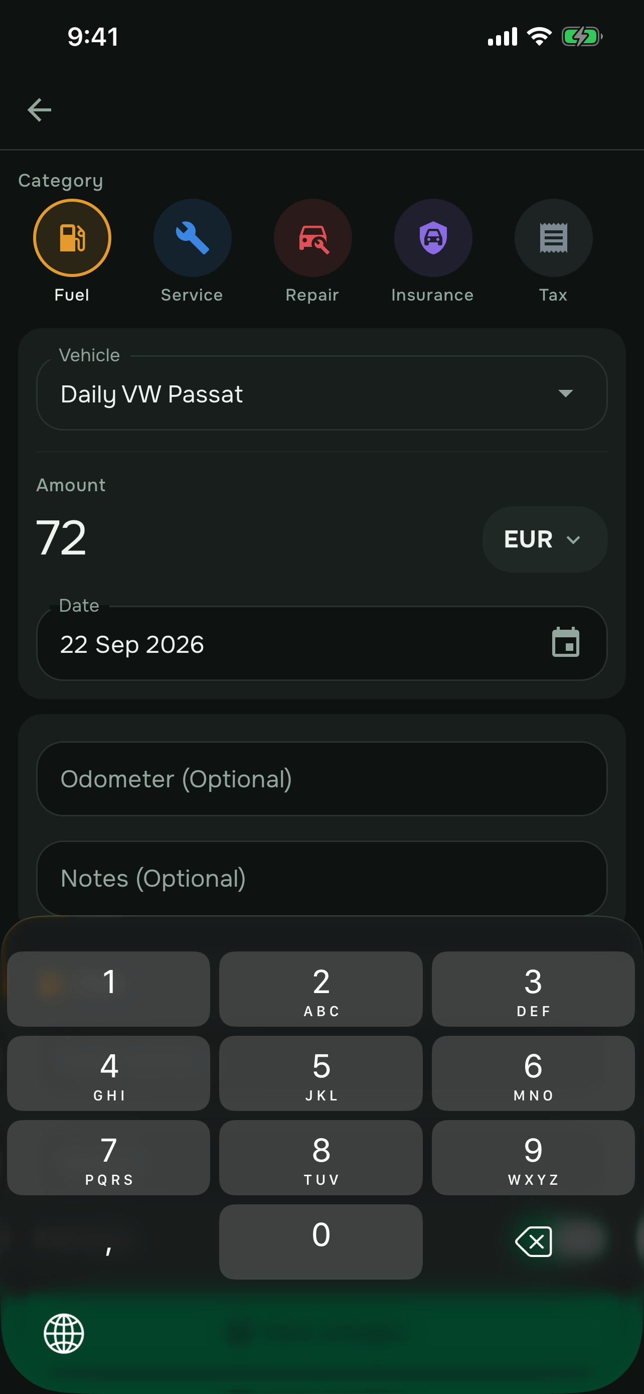 Kostra form for adding a fuel expense, with category, vehicle, amount, currency and a full-tank switch
