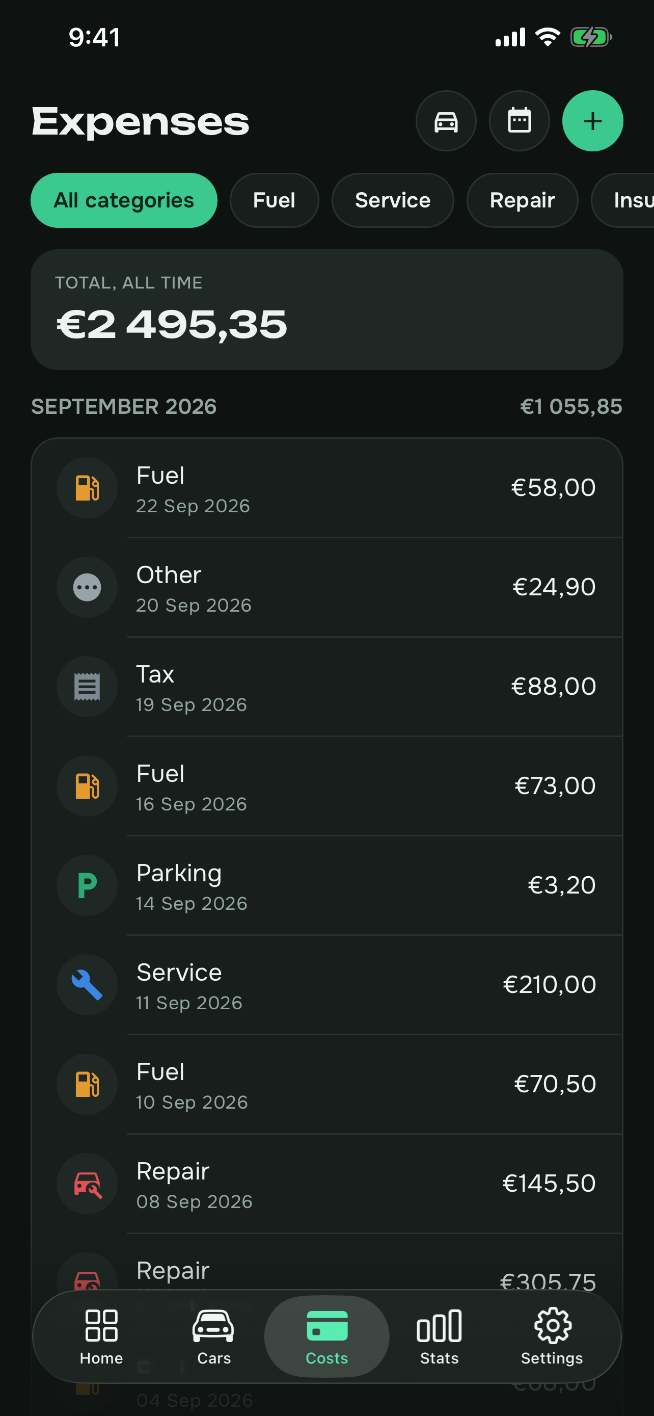Kostra expense list grouped by month, with category filters and an all-time total