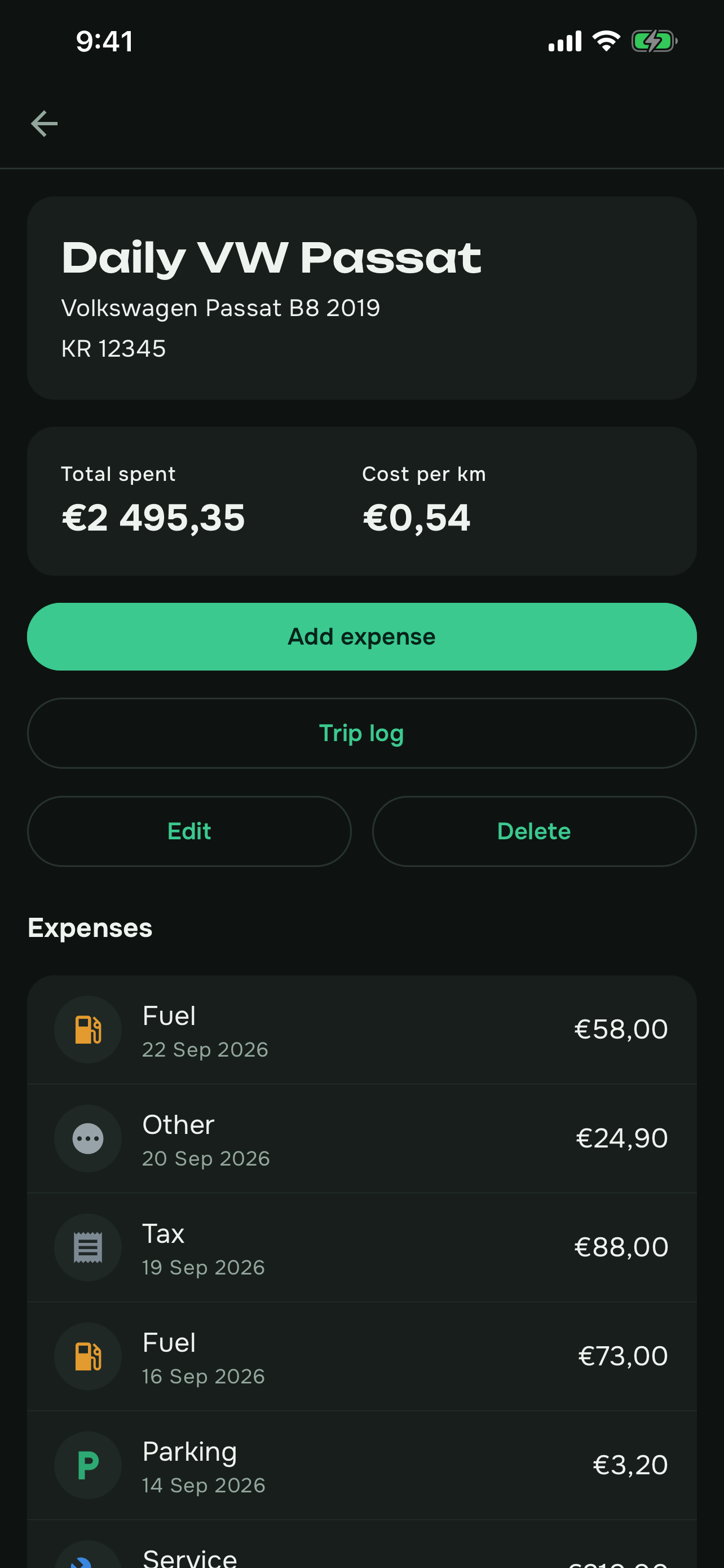 Kostra vehicle screen with total spent, cost per kilometre and that car’s expense history