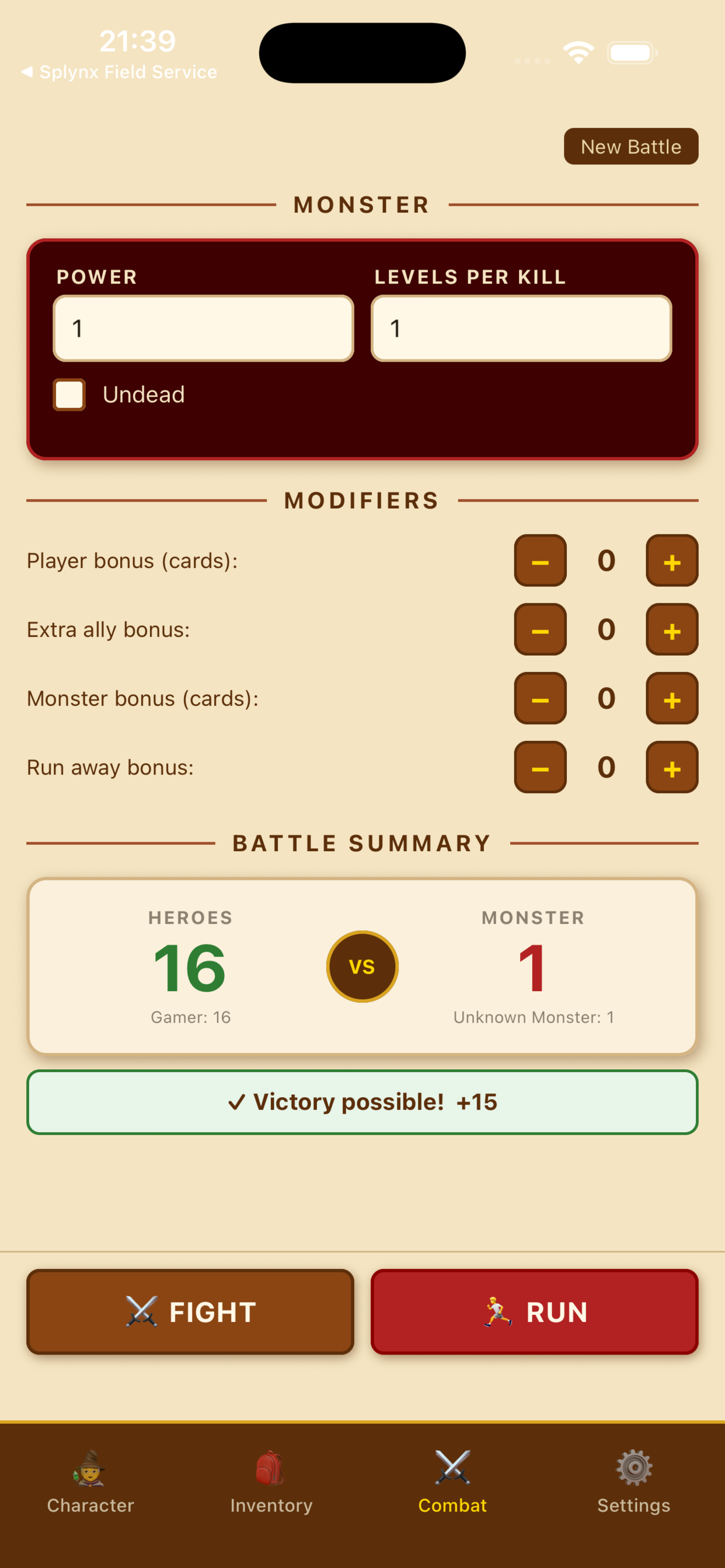 Lootomancer combat screen calculating battle odds between heroes and a monster