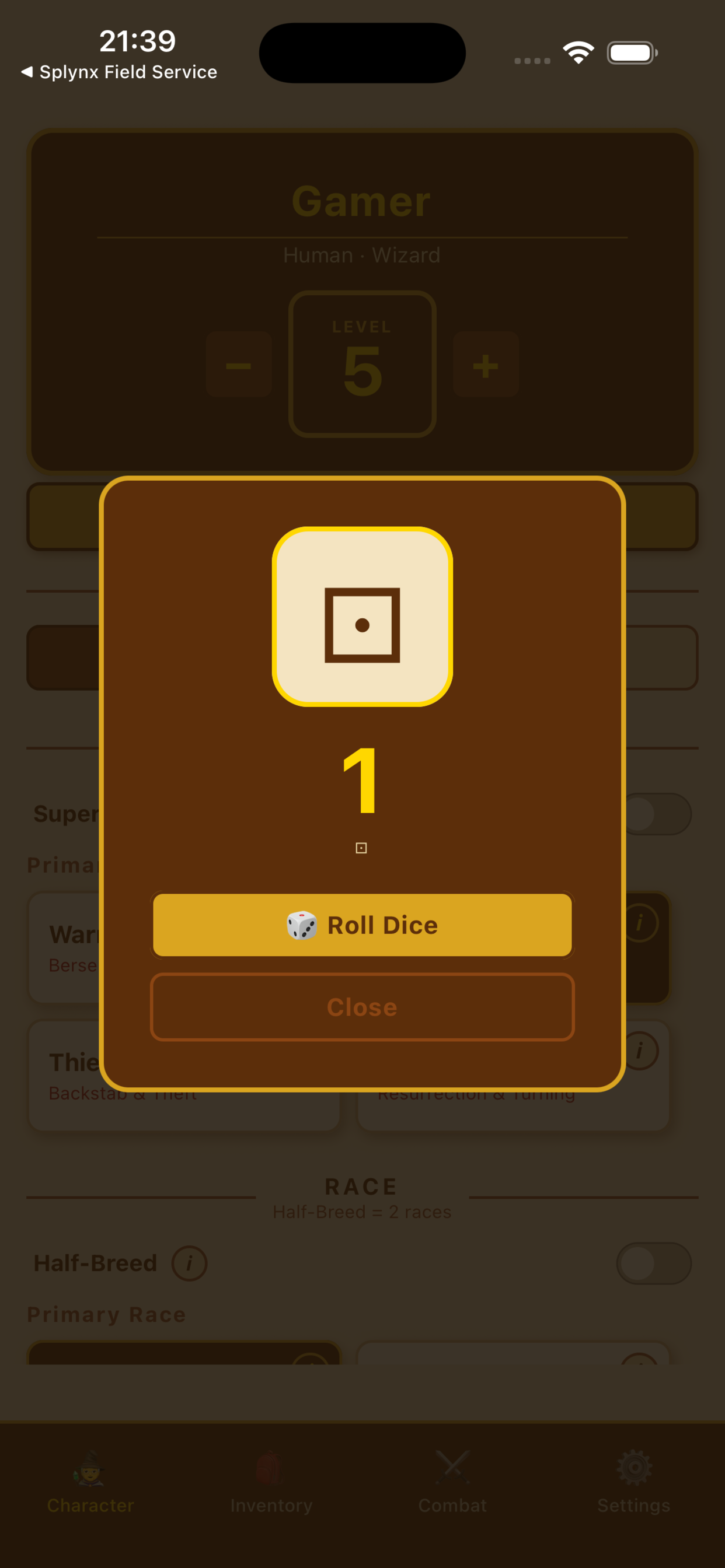 Lootomancer dice roll popup for leveling up a character