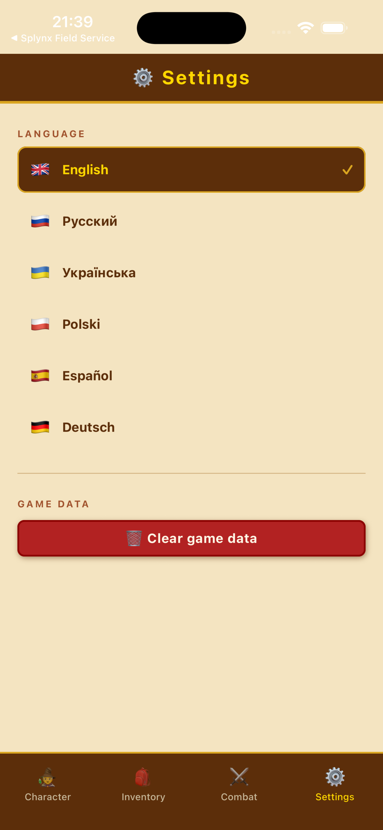 Lootomancer settings screen with multi-language support