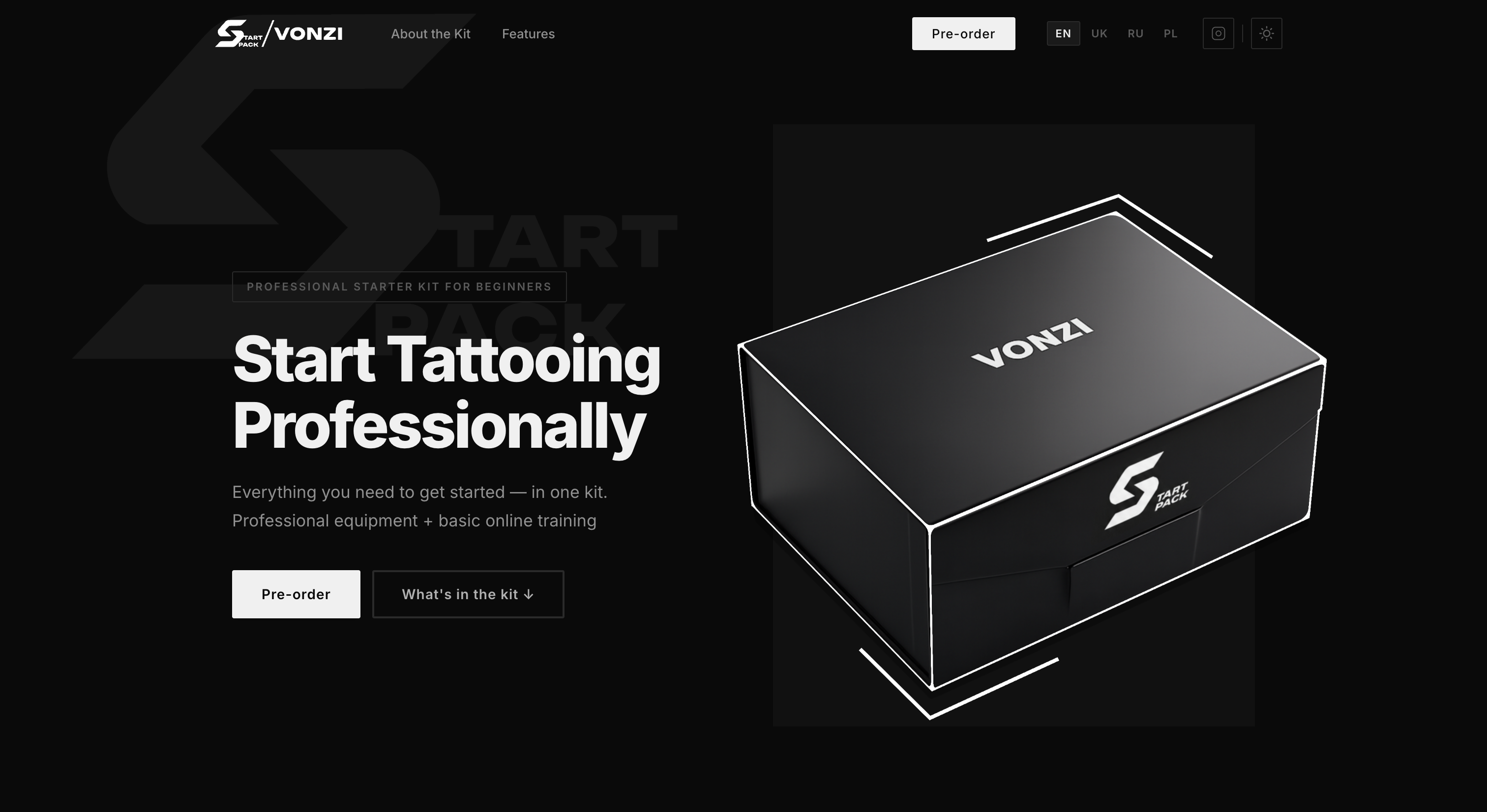 VONZI Start Pack landing page hero section with a 3D render of the starter kit box and a pre-order call to action
